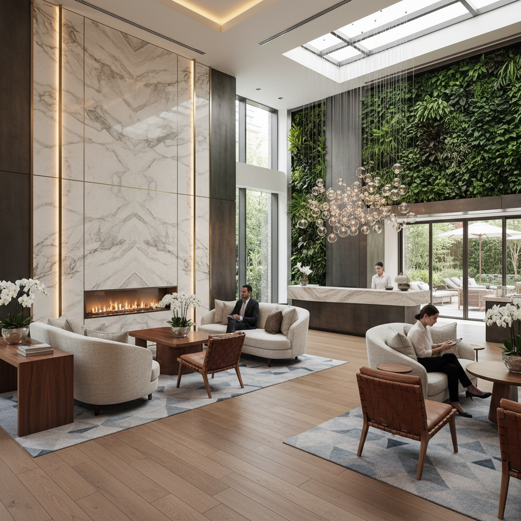 Luxury hotel lobby with elegant furniture and modern hospitality equipment