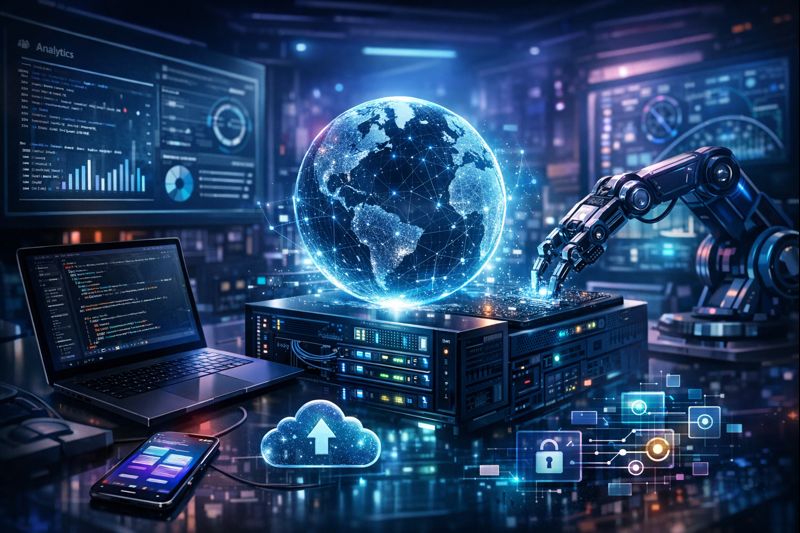 Modern technology workspace with computers and digital innovation